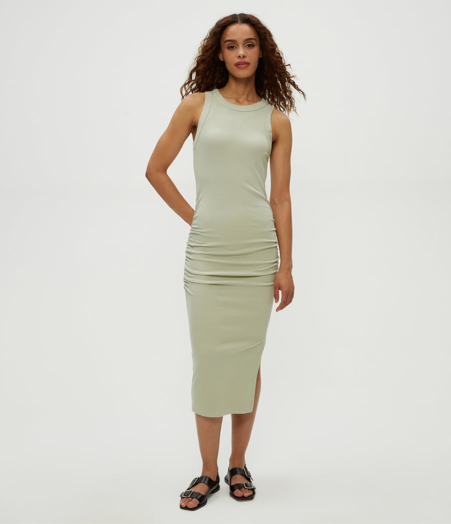 Wren Ribbed Midi Dress in Seacrest Green Full Body View #SEACREST