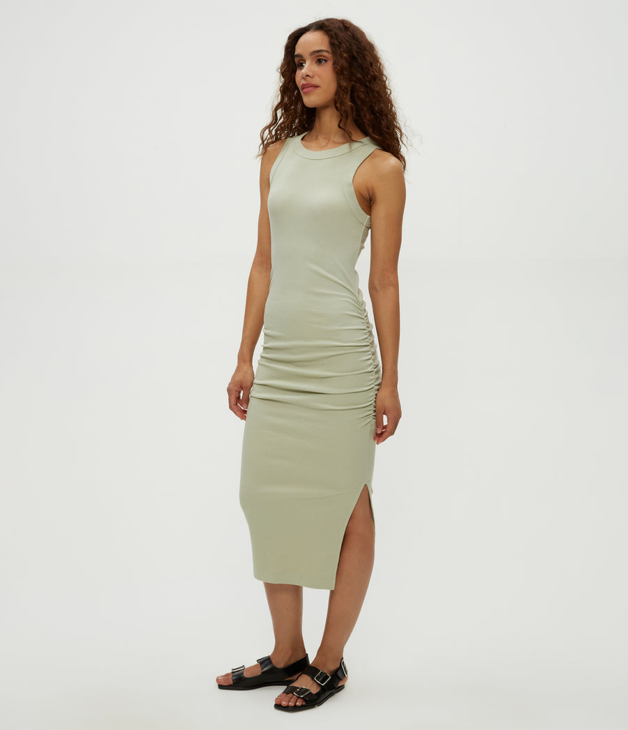 Wren Ribbed Midi Dress in Seacrest Green Side View #SEACREST