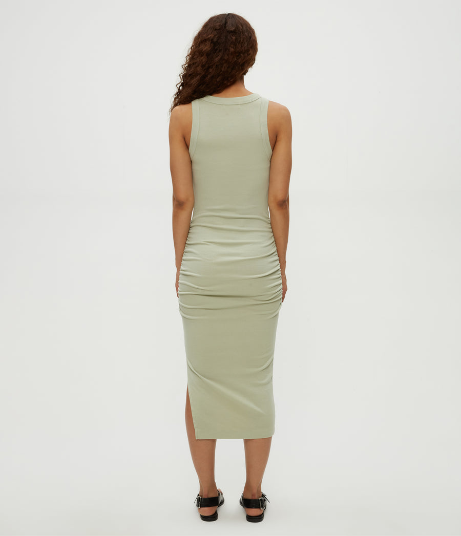 Wren Ribbed Midi Dress in Seacrest Green Back View #SEACREST