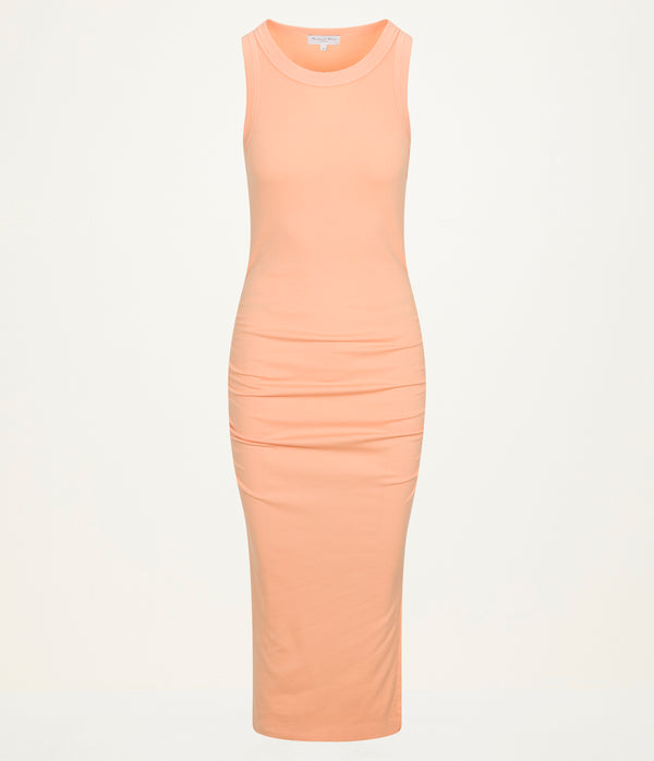 Wren Ribbed Midi Dress in Tangerine Orange Close Up View  #TANGERINE
