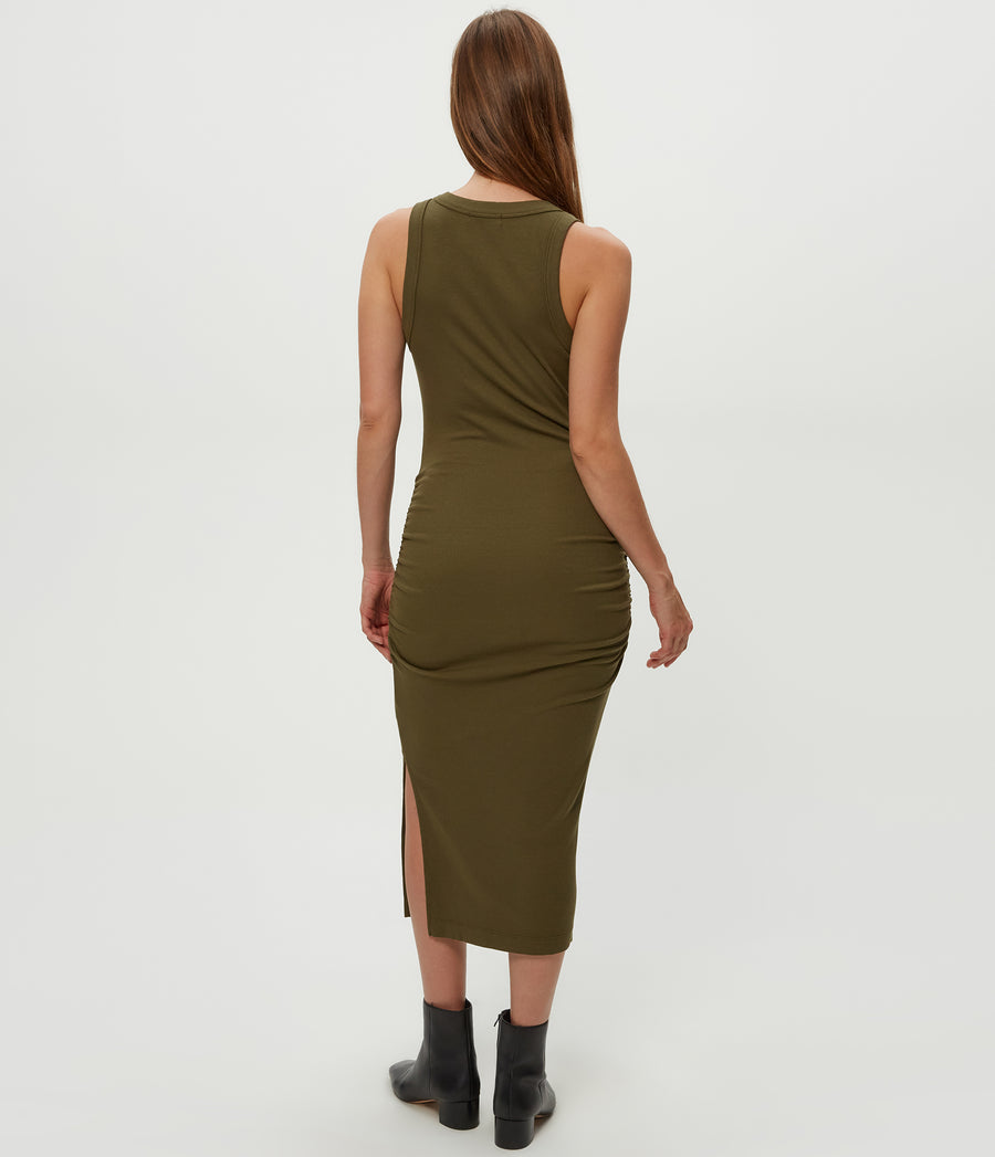 Wren Ribbed Midi Dress in TOPIARY GREEN Back View #TOPIARY