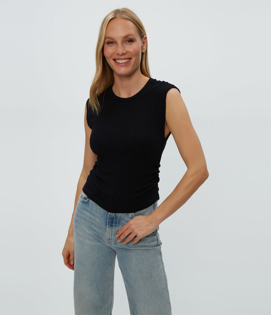 Leighton Power Shoulder Top in Black  Close Up View #BLACK