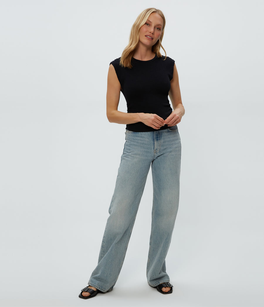 Leighton Power Shoulder Top in Black  Full Body View #BLACK