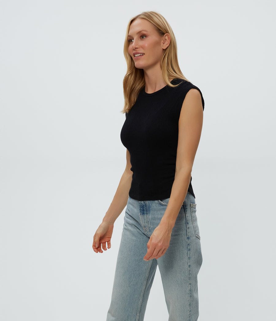 Leighton Power Shoulder Top in Black  Side View #BLACK