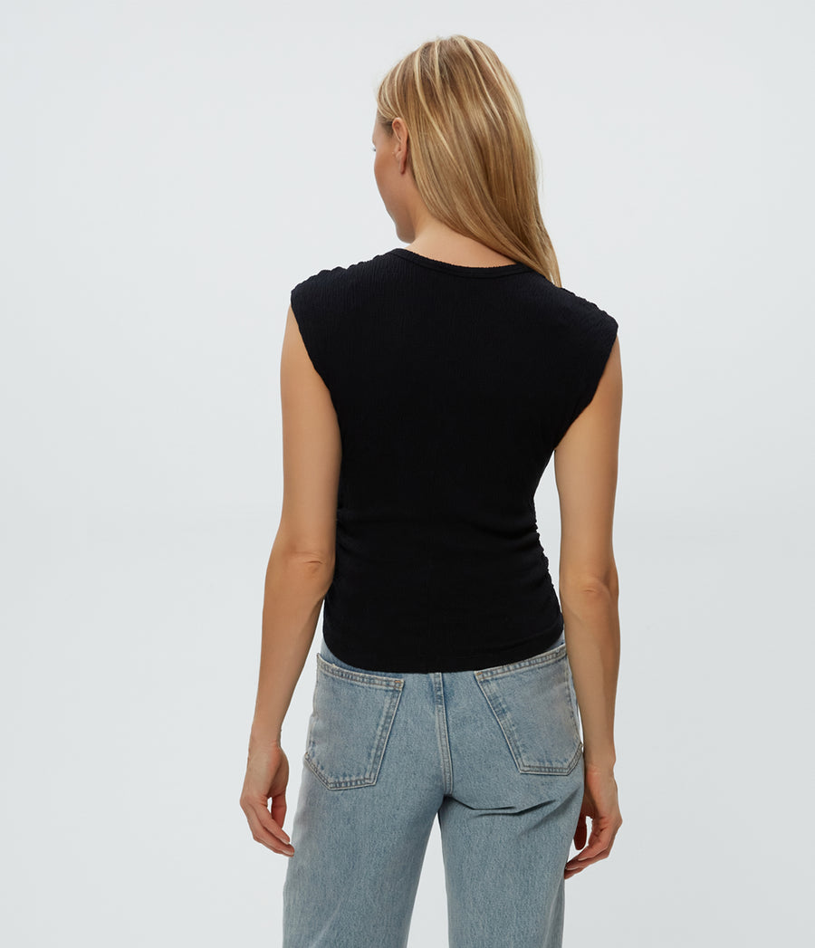 Leighton Power Shoulder Top in Black  Back View #BLACK