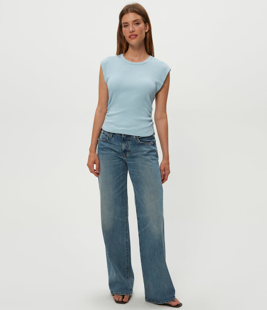 Leighton Power Shoulder Top in Fountain Blue Full Body View #FOUNTAIN