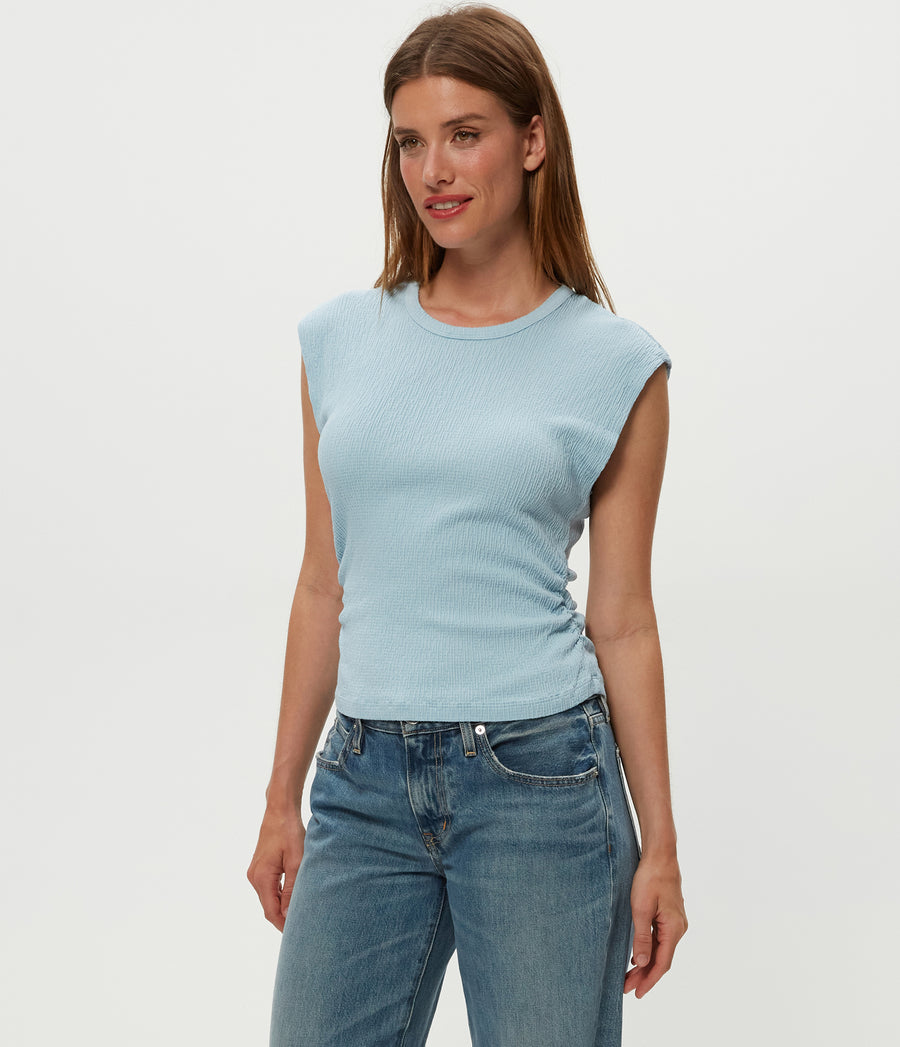 Leighton Power Shoulder Top in Fountain Blue Close up View #FOUNTAIN