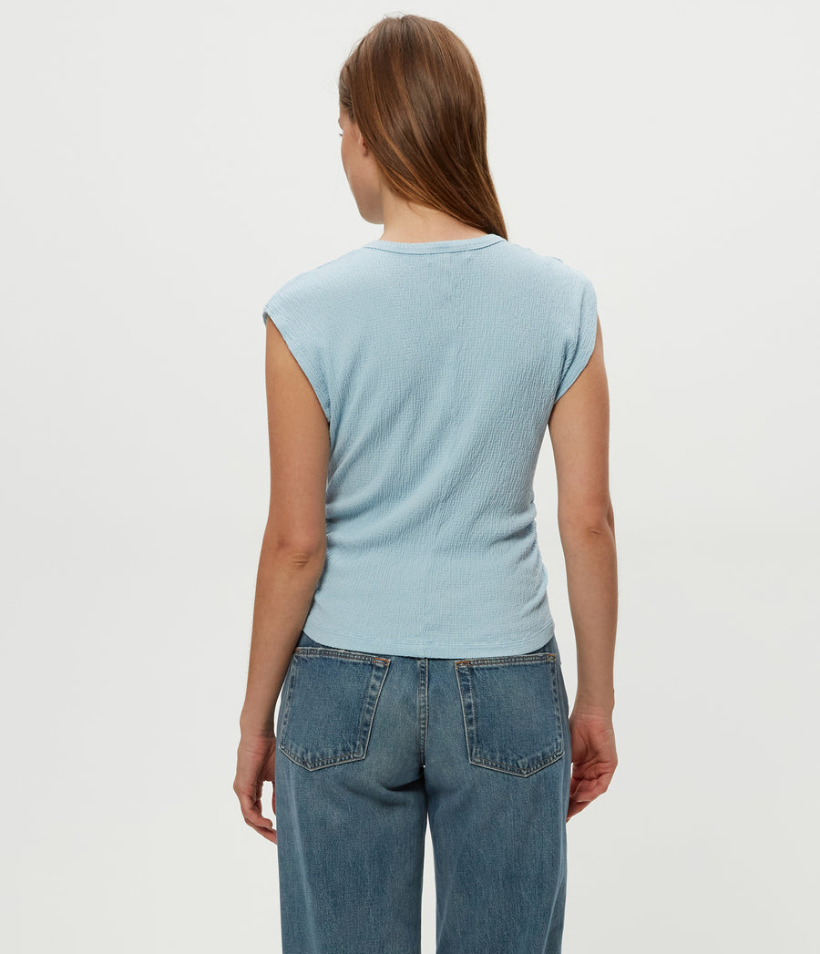 Leighton Power Shoulder Top in Fountain Blue Back View #FOUNTAIN