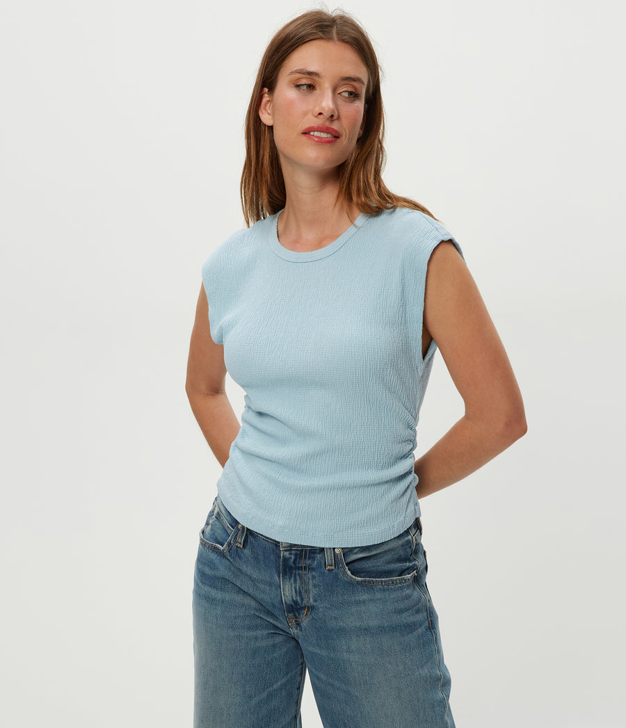 Leighton Power Shoulder Top in Fountain Blue Side View #FOUNTAIN