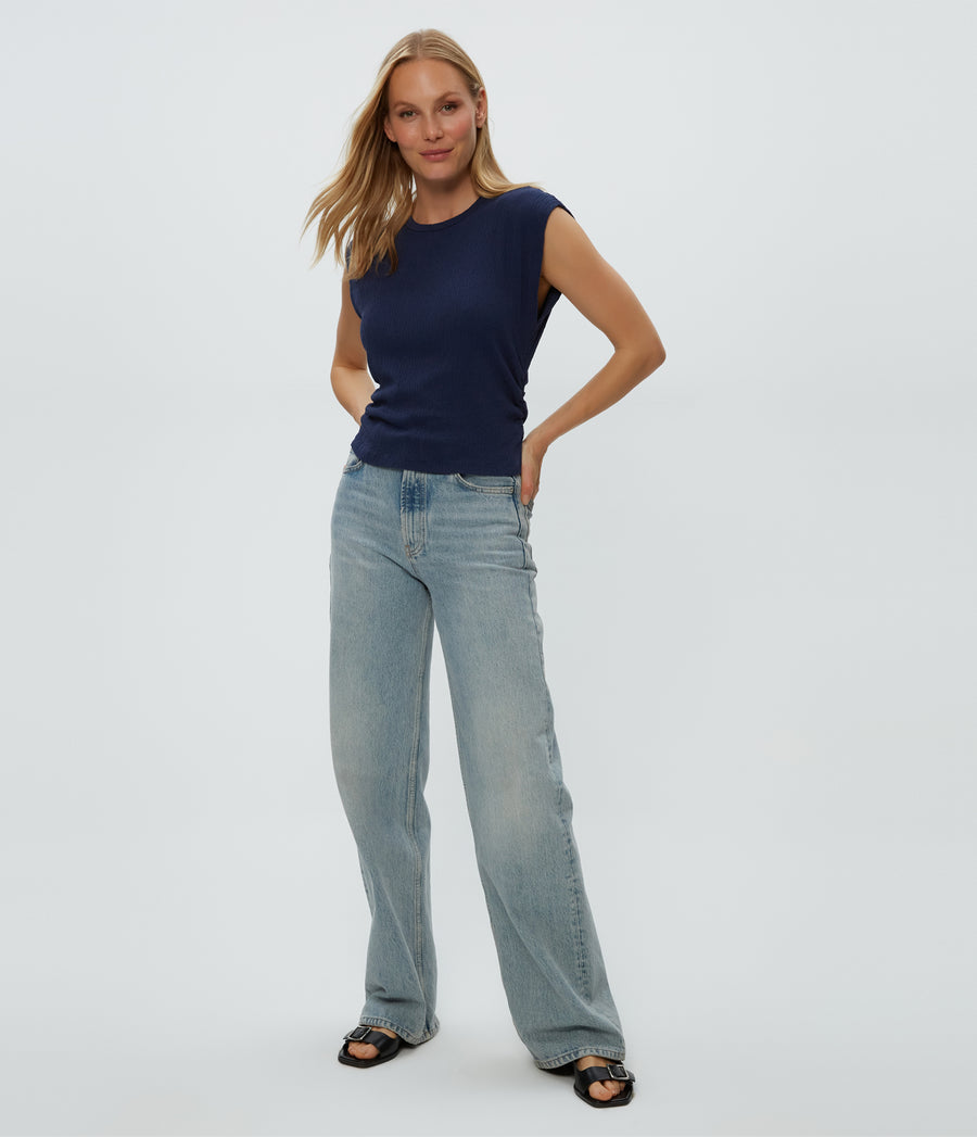 Leighton Power Shoulder Top in Nocturnal Blue Full Body View #NOCTURNAL