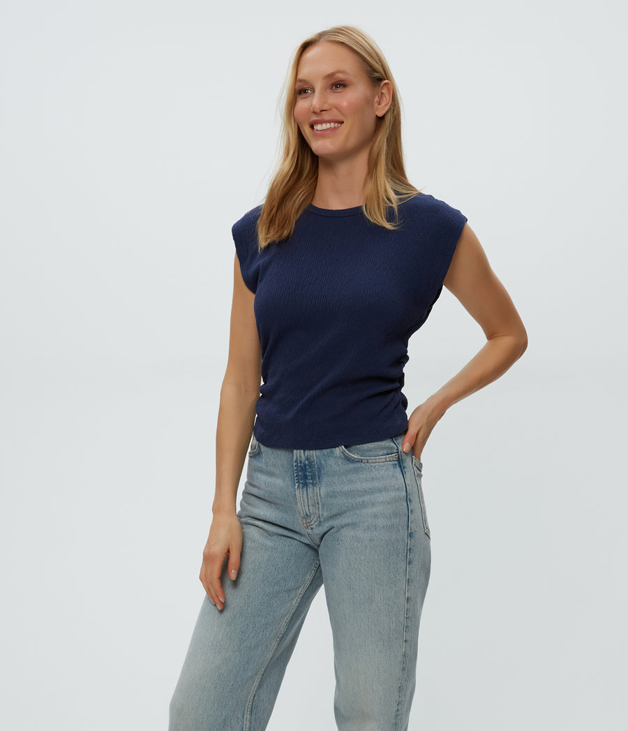 Leighton Power Shoulder Top in Nocturnal Blue Side View #NOCTURNAL
