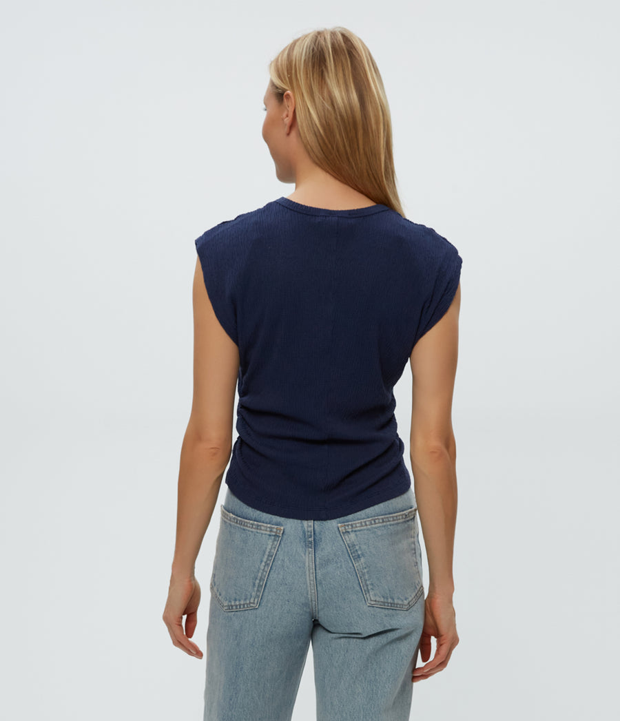 Leighton Power Shoulder Top in Nocturnal Blue Back View #NOCTURNAL