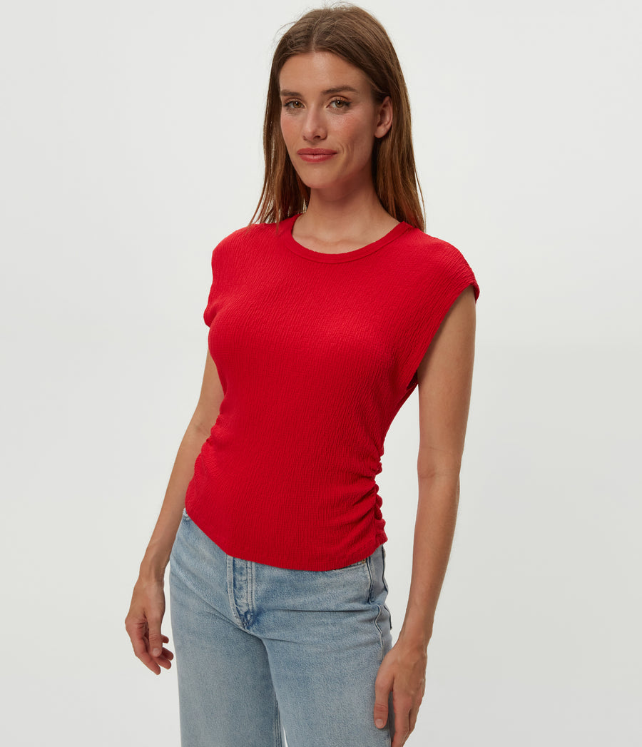 Leighton Power Shoulder Top in Rumba Red Close up View #RUMBA