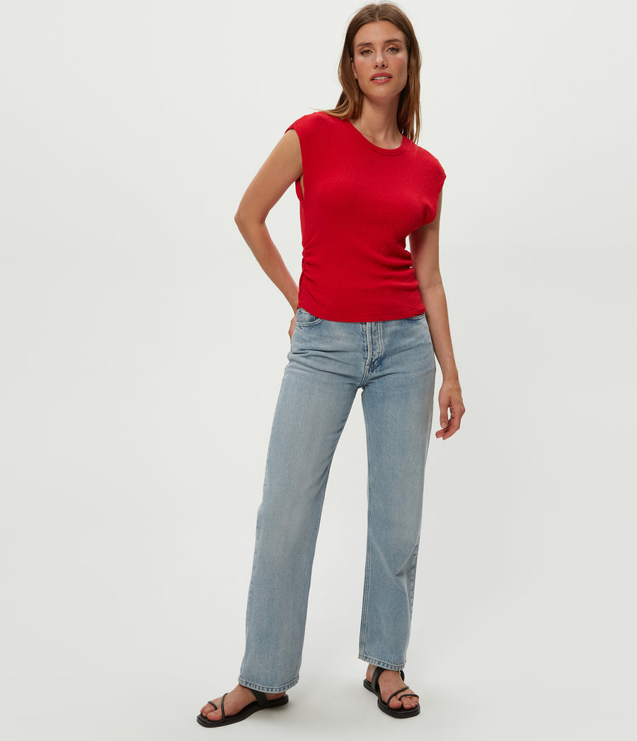 Leighton Power Shoulder Top in Rumba Red Full Body View #RUMBA