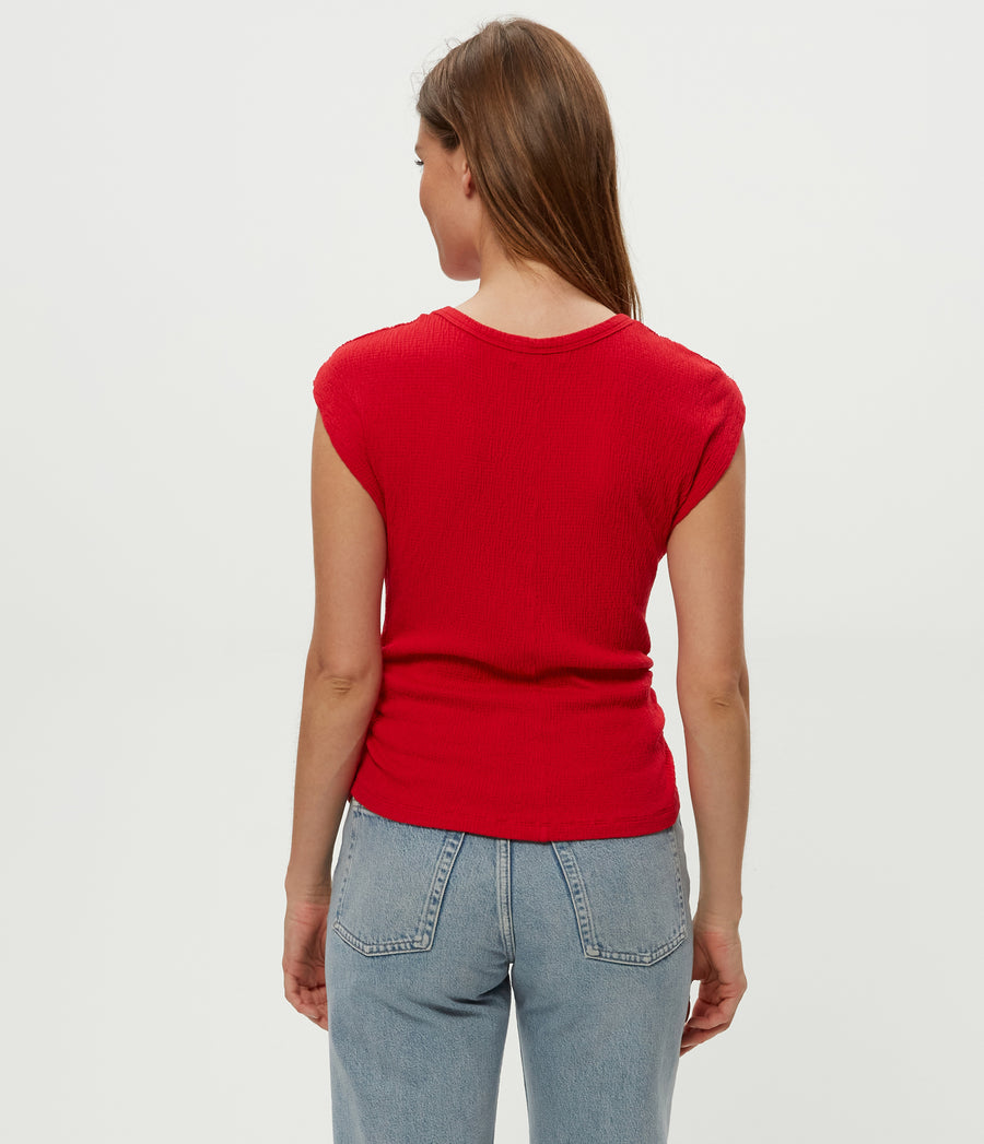 Leighton Power Shoulder Top in Rumba Red Back View #RUMBA