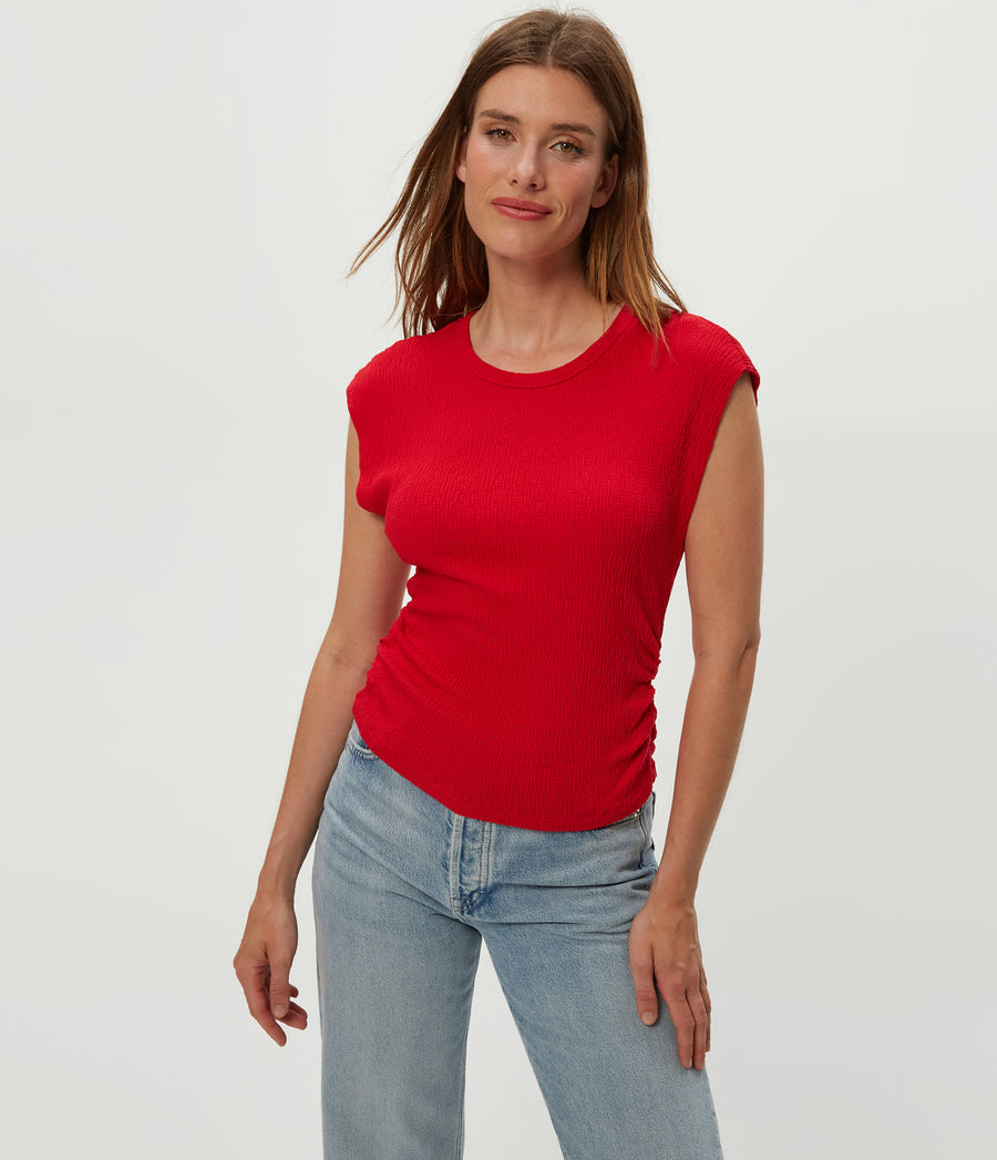 Leighton Power Shoulder Top in Rumba Red Side View #RUMBA