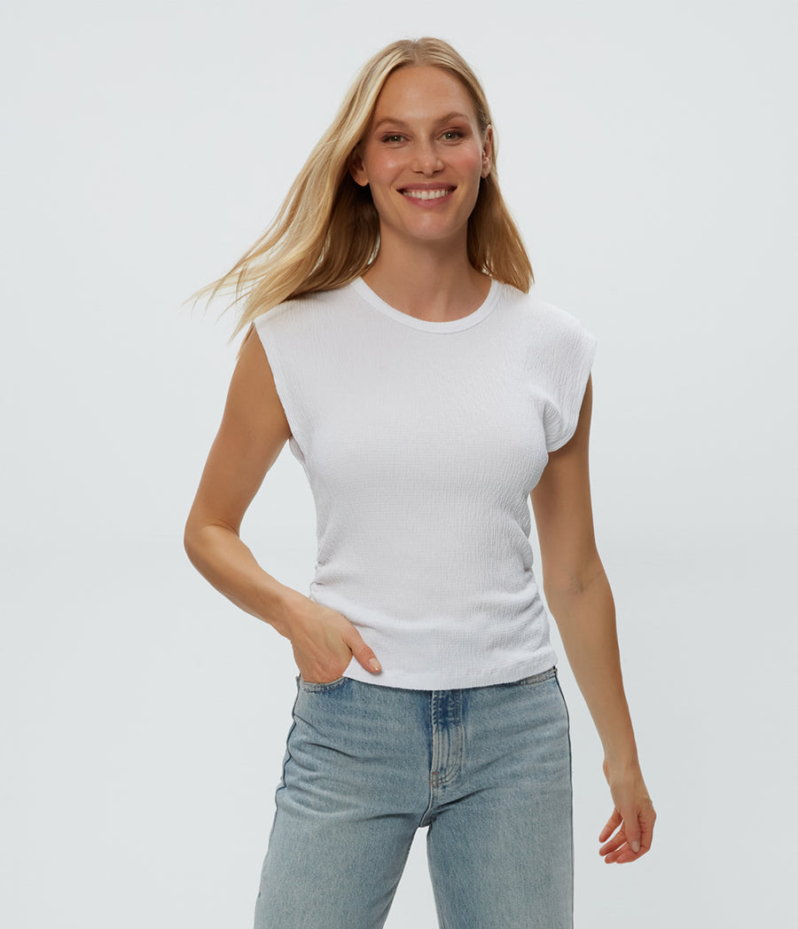 Leighton Power Shoulder Top in White  Close Up View #WHITE