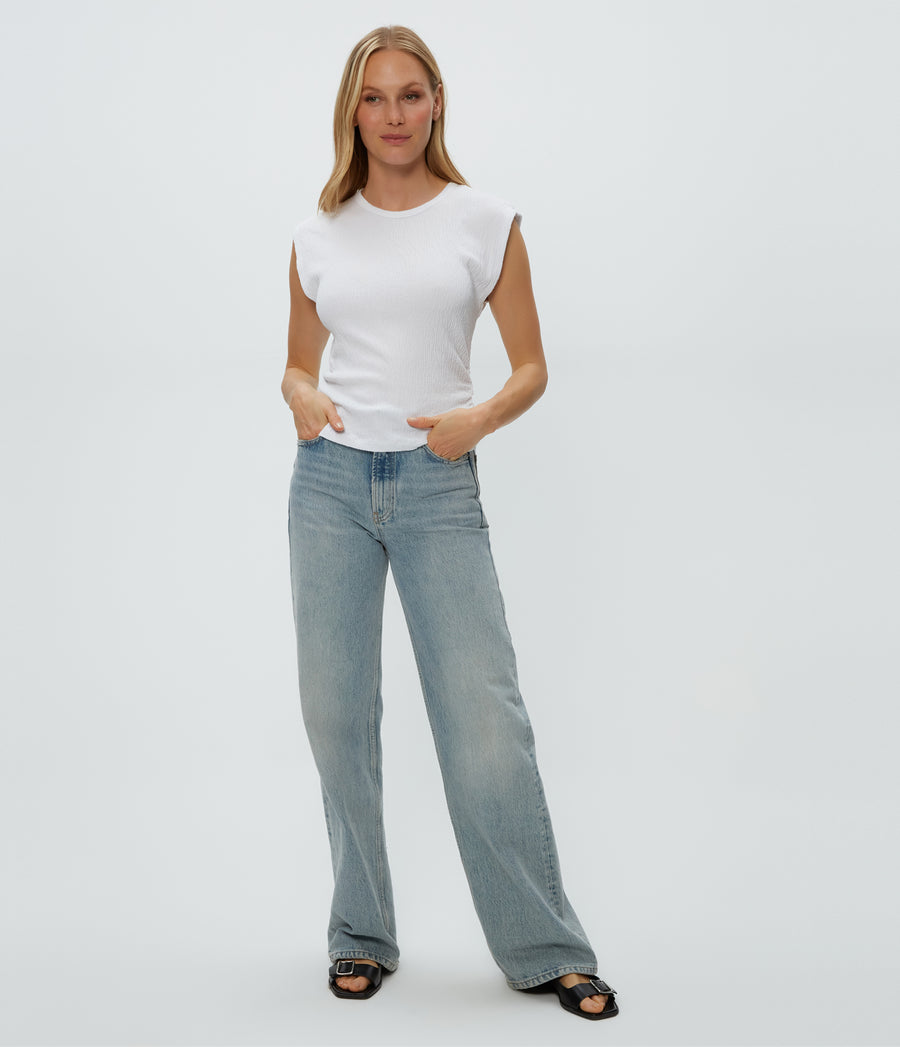 Leighton Power Shoulder Top in White  Full Body View #WHITE