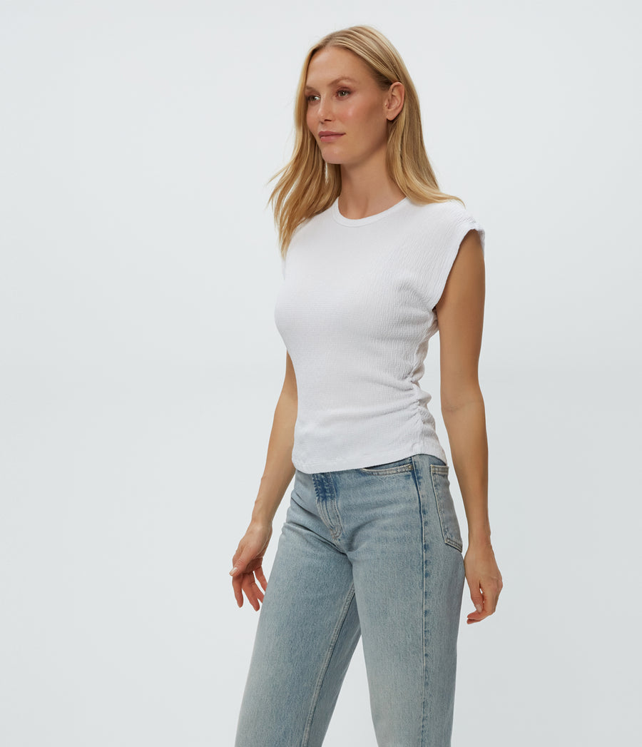 Leighton Power Shoulder Top in White  Side View #WHITE
