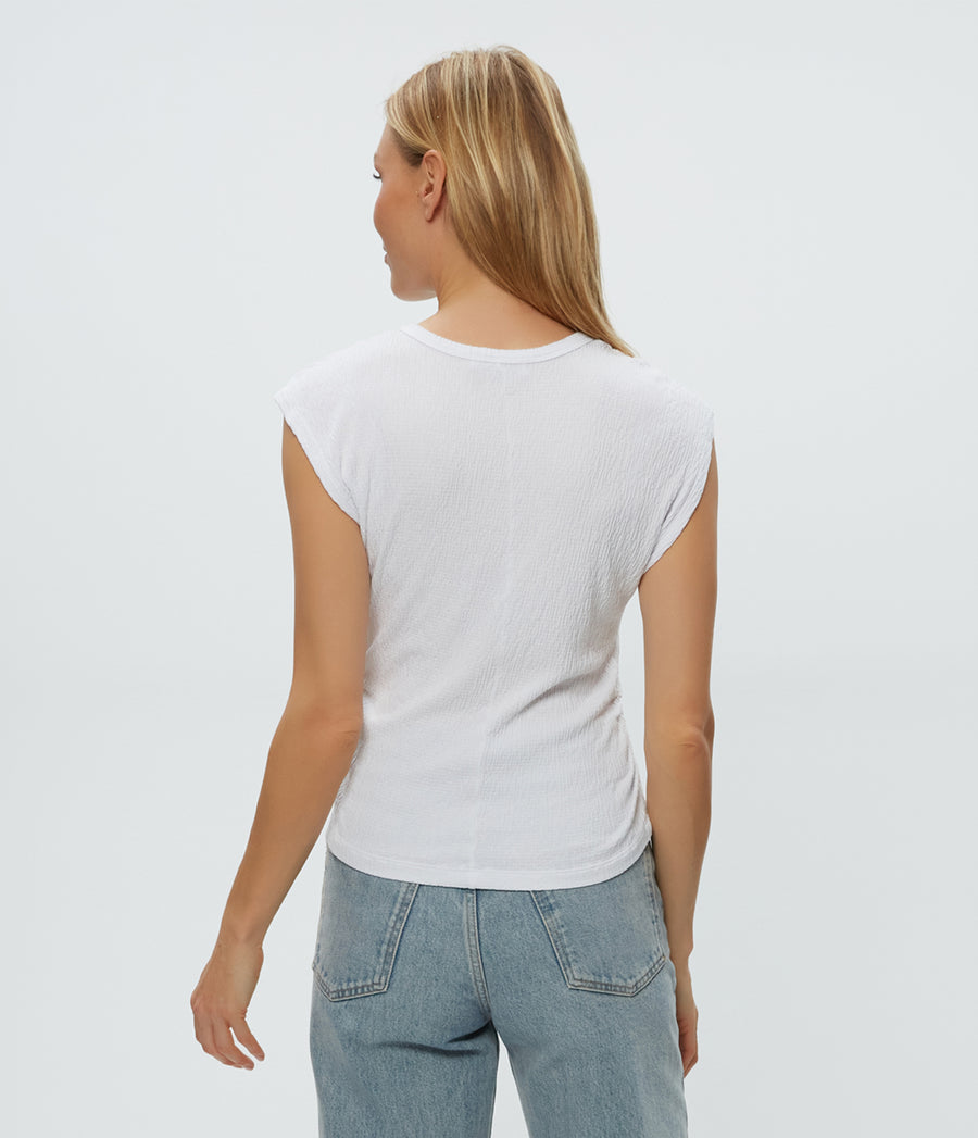 Leighton Power Shoulder Top in White  Back View #WHITE