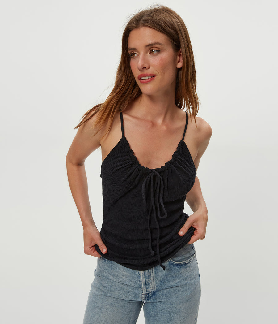 Malani Front Tie Tank in Black Close up View #BLACK
