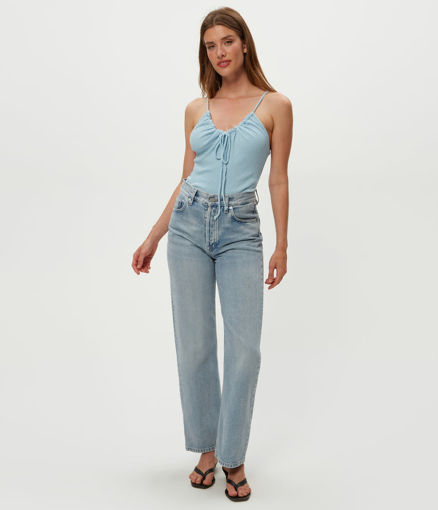 Malani Front Tie Tank in Fountain Blue Full Body View #FOUNTAIN
