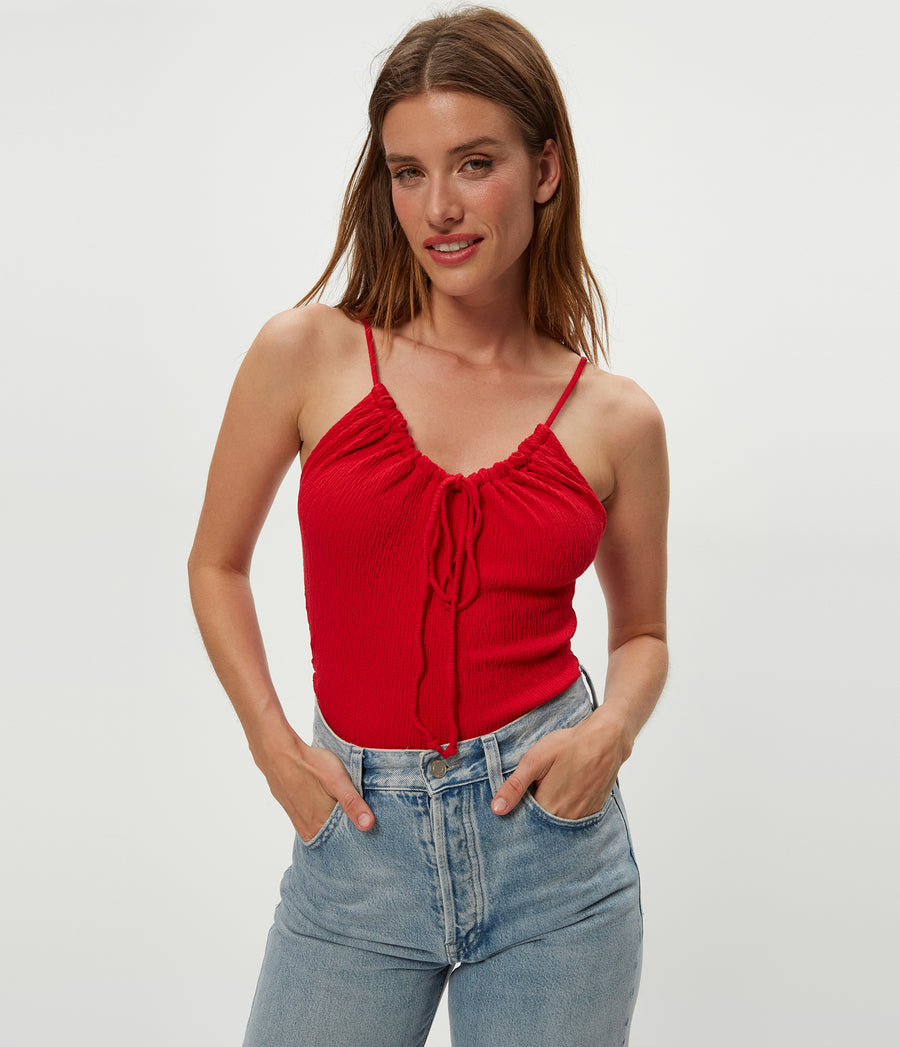 Malani Front Tie Tank in Rumba Red Close up View #RUMBA