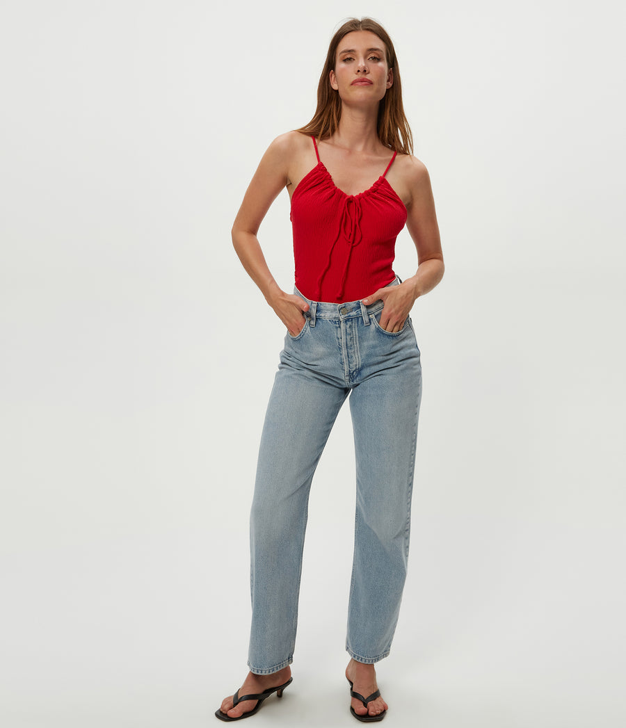 Malani Front Tie Tank in Rumba Red Full Body View #RUMBA
