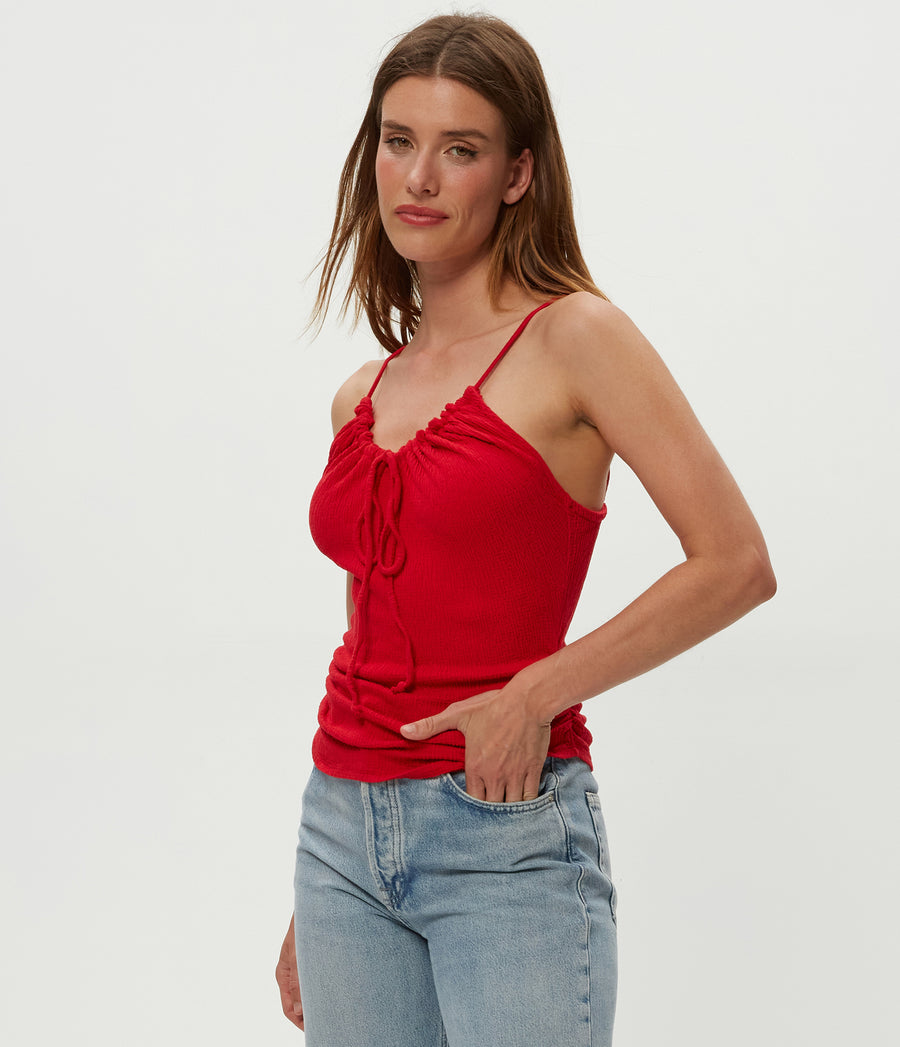 Malani Front Tie Tank in Rumba Red Side View #RUMBA