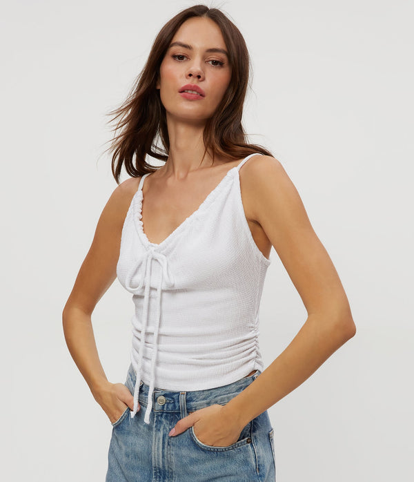 Malani Front Tie Tank in White Close up View #WHITE