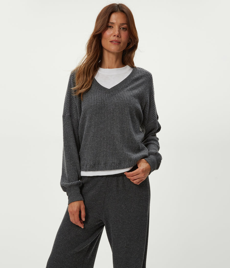 Salma V-Neck Brushed Waffle Top in Charcoal Grey Close up View #CHARCOAL