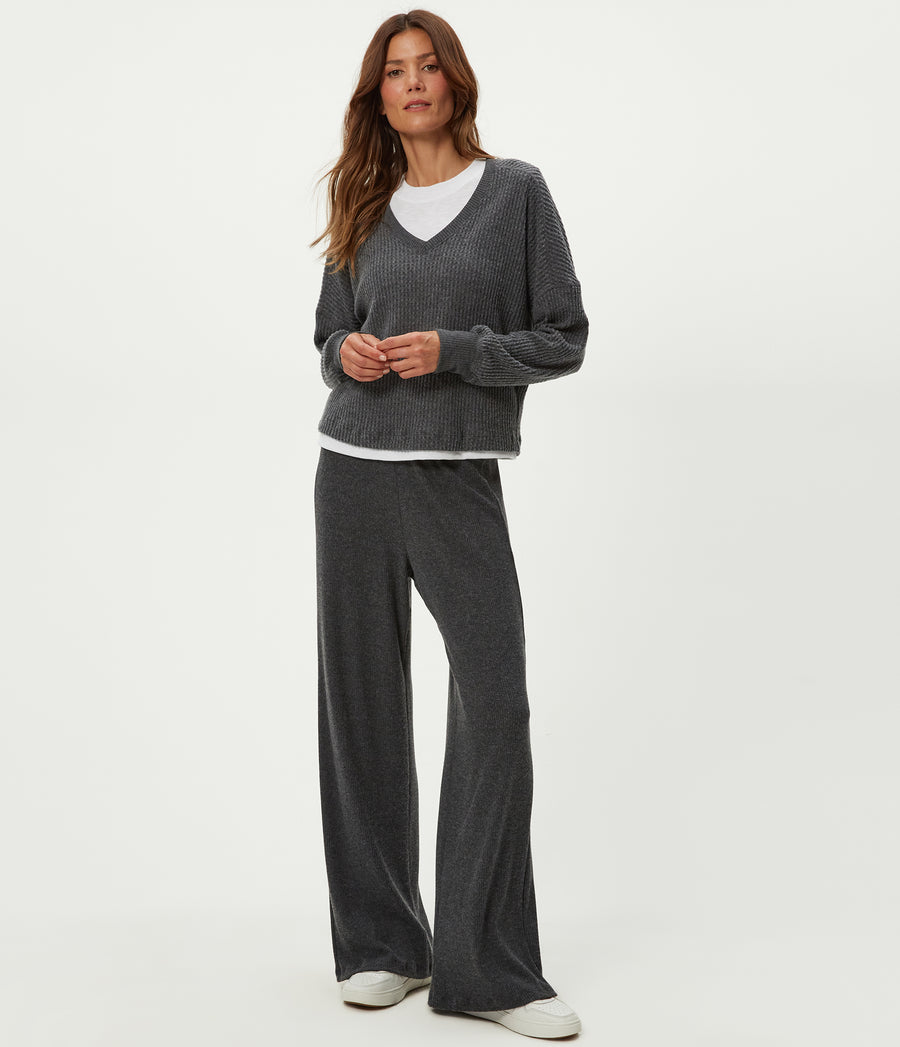 Salma V-Neck Brushed Waffle Top in Charcoal Grey Full Body View #CHARCOAL