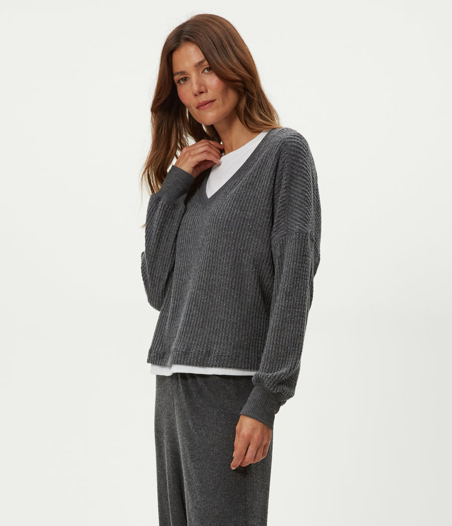 Salma V-Neck Brushed Waffle Top in Charcoal Grey Side View #CHARCOAL