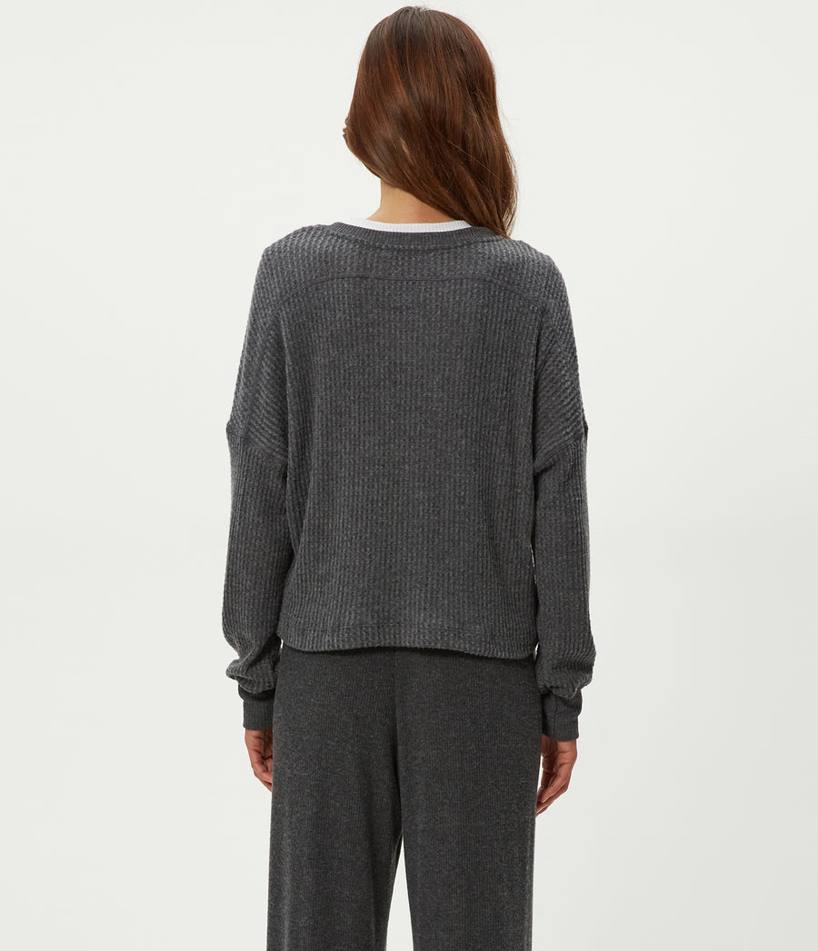 Salma V-Neck Brushed Waffle Top in Charcoal Grey Back View #CHARCOAL