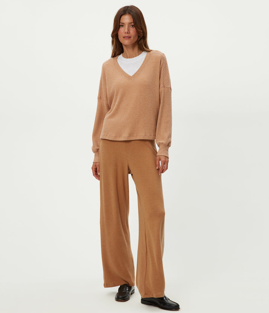 Salma V-Neck Brushed Waffle Top in Cumin Brown Full Body View #CUMIN