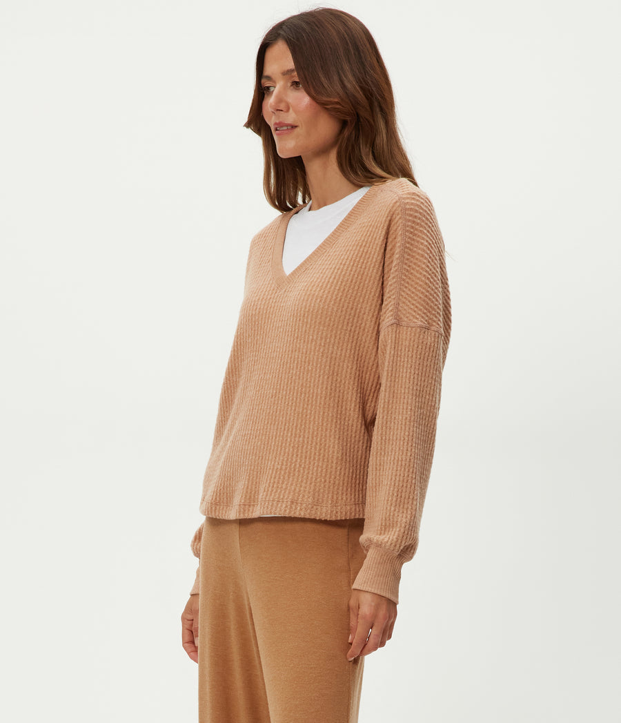 Salma V-Neck Brushed Waffle Top in Cumin Brown Side View #CUMIN