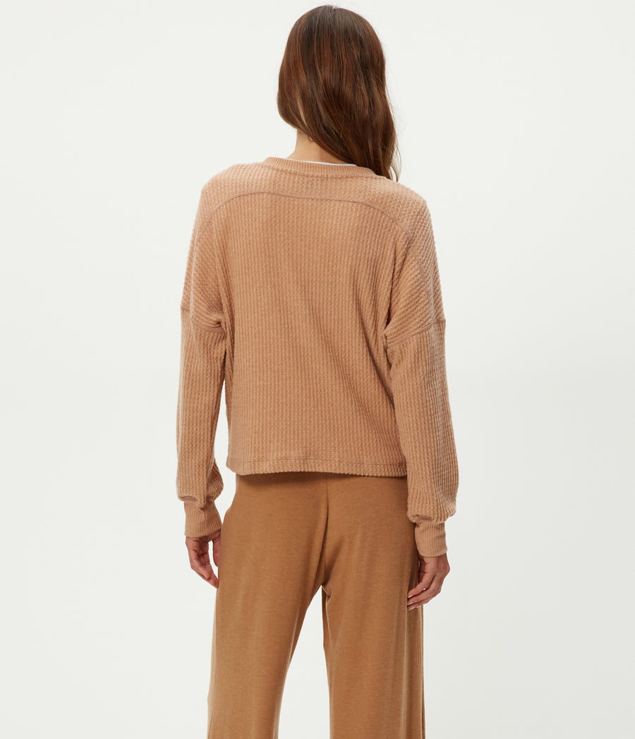 Salma V-Neck Brushed Waffle Top in Cumin Brown Back View #CUMIN