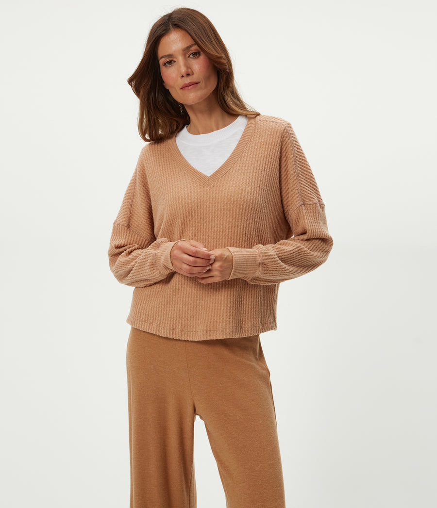 Salma V-Neck Brushed Waffle Top in Cumin Brown Close Up View #CUMIN