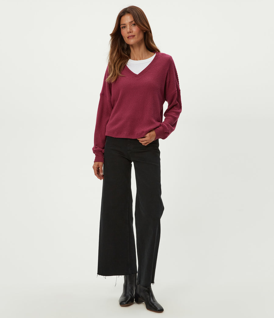 Salma V-Neck Brushed Waffle Top in Garnet Red Full Body View #GARNET