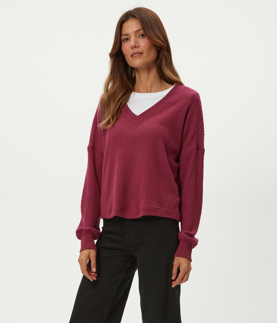 Salma V-Neck Brushed Waffle Top in Garnet Red Close Up View #GARNET