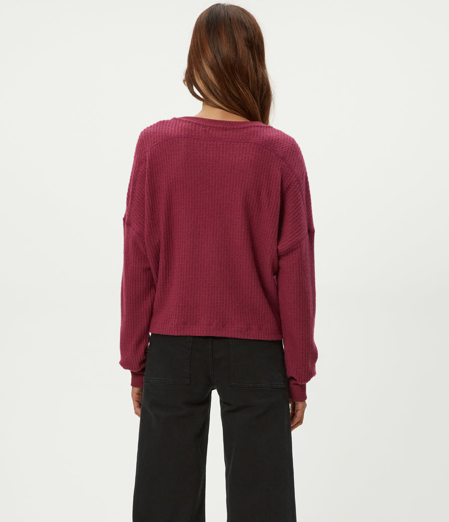 Salma V-Neck Brushed Waffle Top in Garnet Red Back View #GARNET