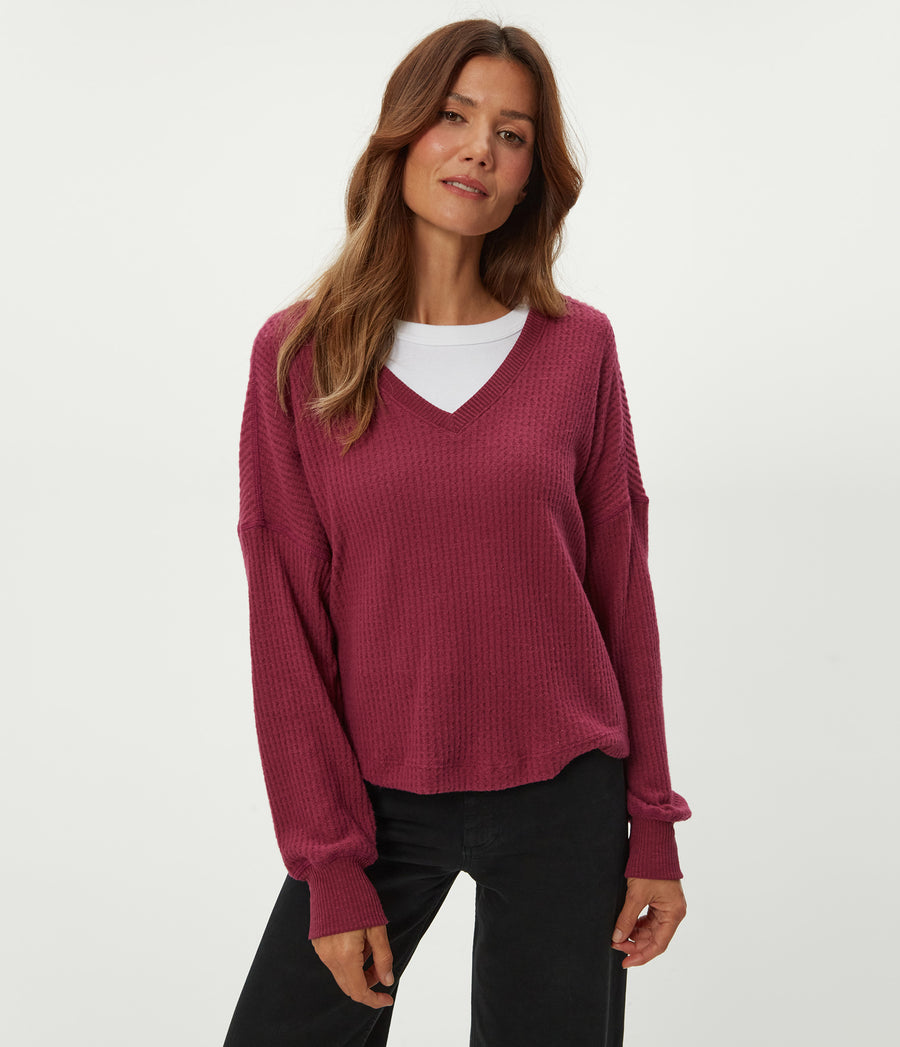 Salma V-Neck Brushed Waffle Top in Garnet Red Side View #GARNET