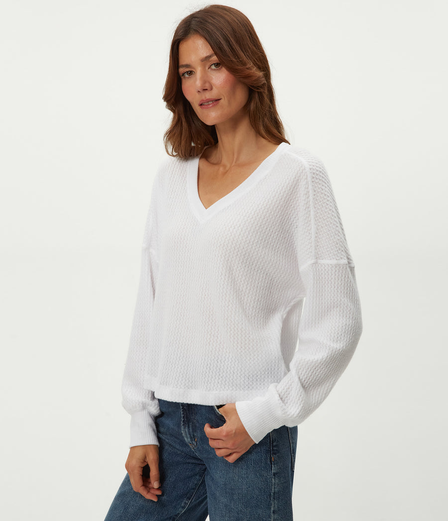 Salma V-Neck Brushed Waffle Top in White Close up View #WHITE