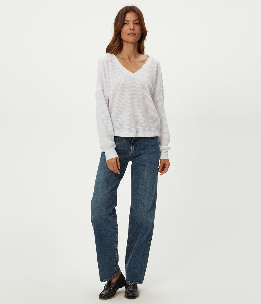 Salma V-Neck Brushed Waffle Top in White Full Body View #WHITE