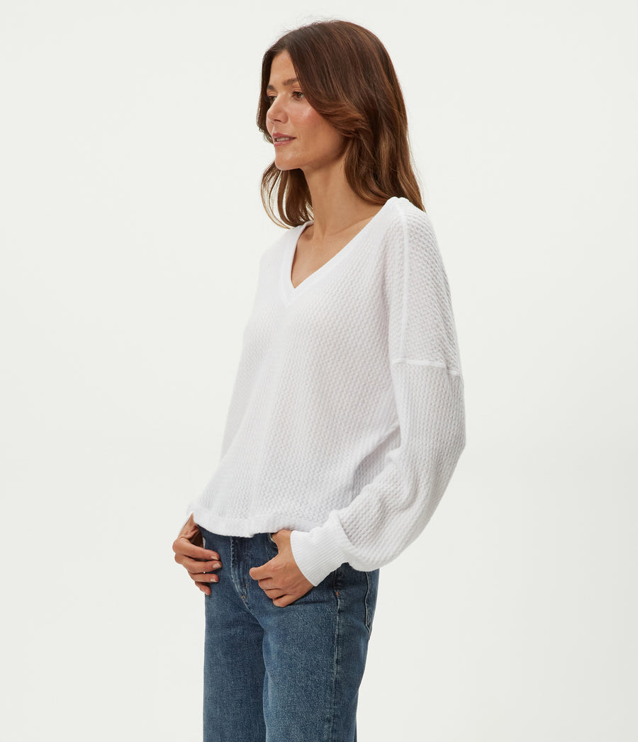 Salma V-Neck Brushed Waffle Top in White Side View #WHITE