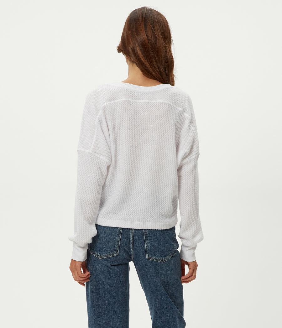 Salma V-Neck Brushed Waffle Top in White Back View #WHITE