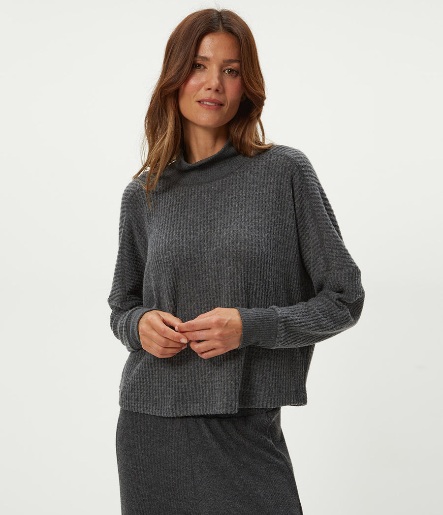 Wynn Brushed Waffle Top in Charcoal Grey Close up View #CHARCOAL