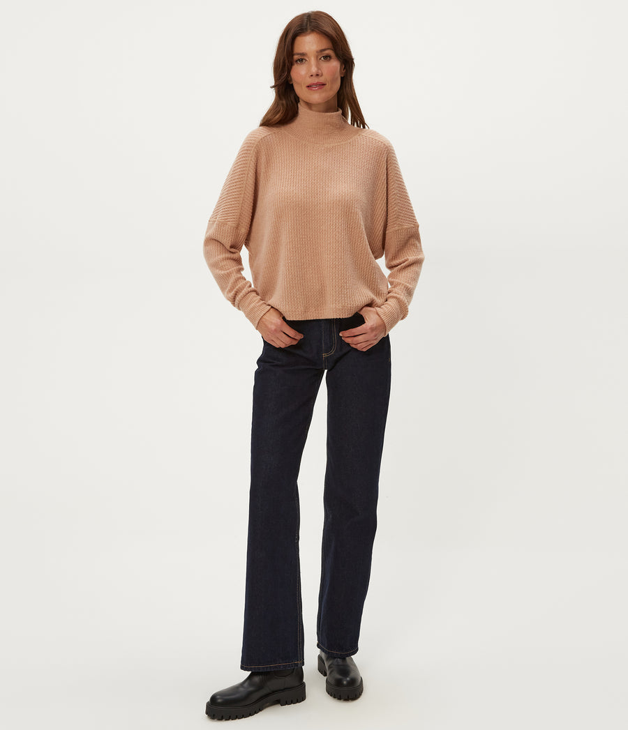 Wynn Brushed Waffle Top in Cumin Brown Full Body View #CUMIN