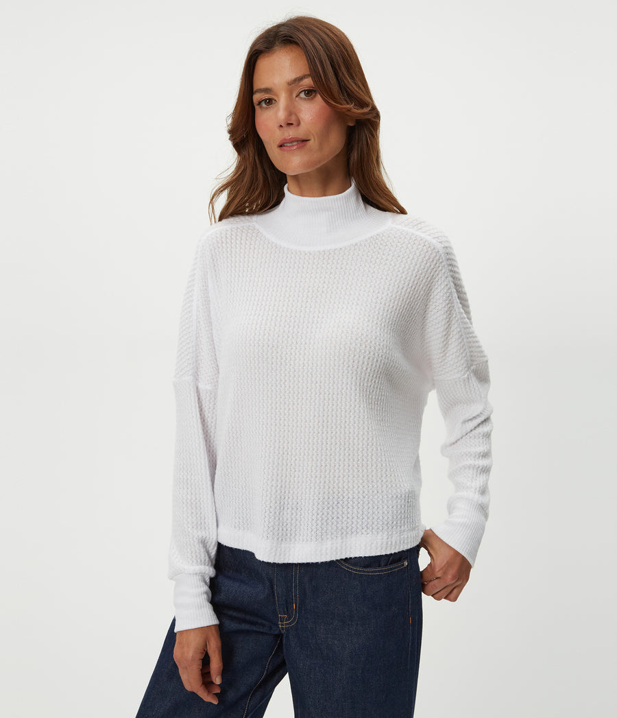 Wynn Brushed Waffle Top in White Close up View #WHITE