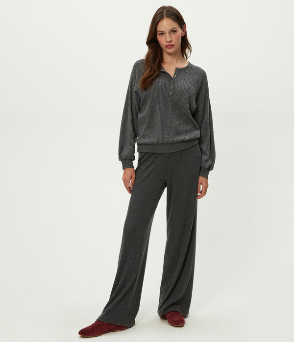 Eira Henley Brushed Waffle Top in Charcoal Grey Full Body View #CHARCOAL